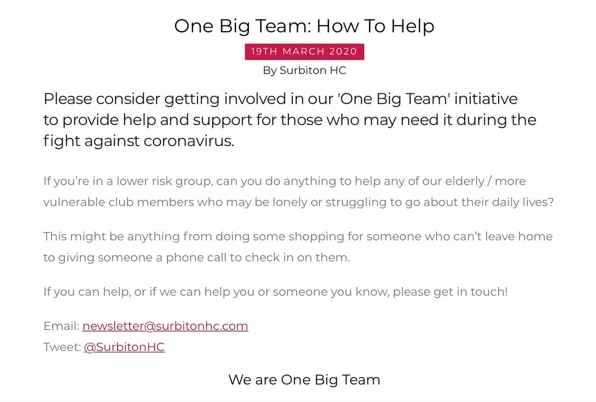 💚 ONE BIG TEAM 💜
👉🏼 bit.ly/2U29U7q

If you’re in a lower risk group, can you do anything to help older/more vulnerable club members who may be lonely or struggling to go about their daily lives?

If you can help, or if we can help you or someone you know, get in touch!