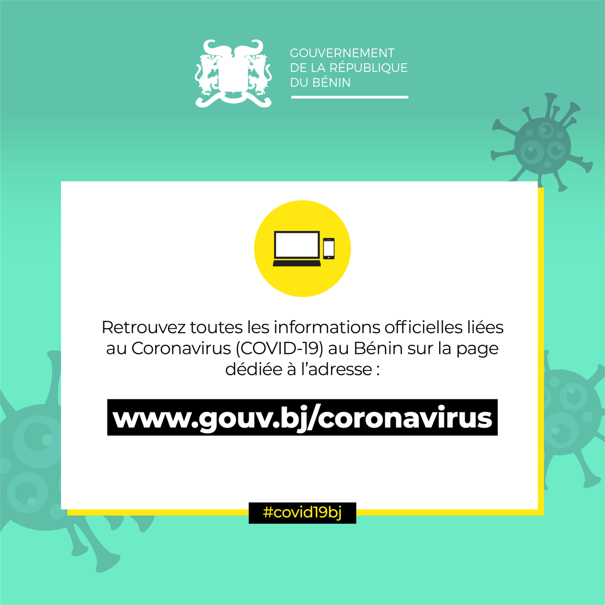 gouvbenin's tweet photo. Pour permettre à chaque citoyen de disposer des informations officielles relatives à la gestion du #Covid19, le @gouvbenin met à disposition la plateforme digitale « Infos Coronavirus » accessible à l’adresse : https://t.co/88hntm54ik https://t.co/BWUA29nEcY
