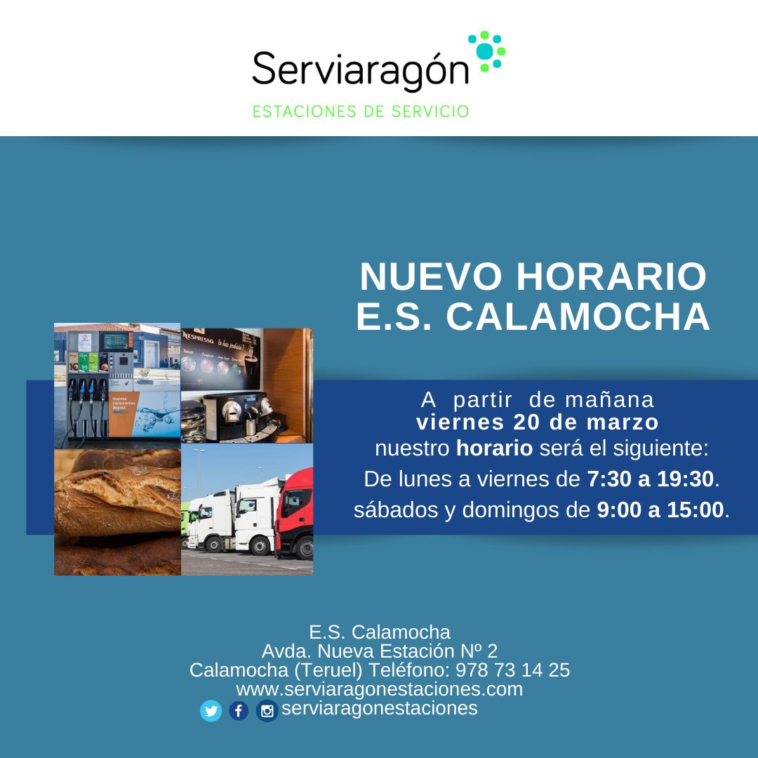 #nuevohorario 🕣 Estimados clientes, les informamos que a partir de mañana viernes 20 de marzo el horario de nuestra estación de servicio de Calamocha será el siguiente: 
De lunes a viernes de 7:30 a 19:30
sábados y domingos de 9:00 a 15:00
E.S. Calamocha
Teléfono: 978 73 14 25