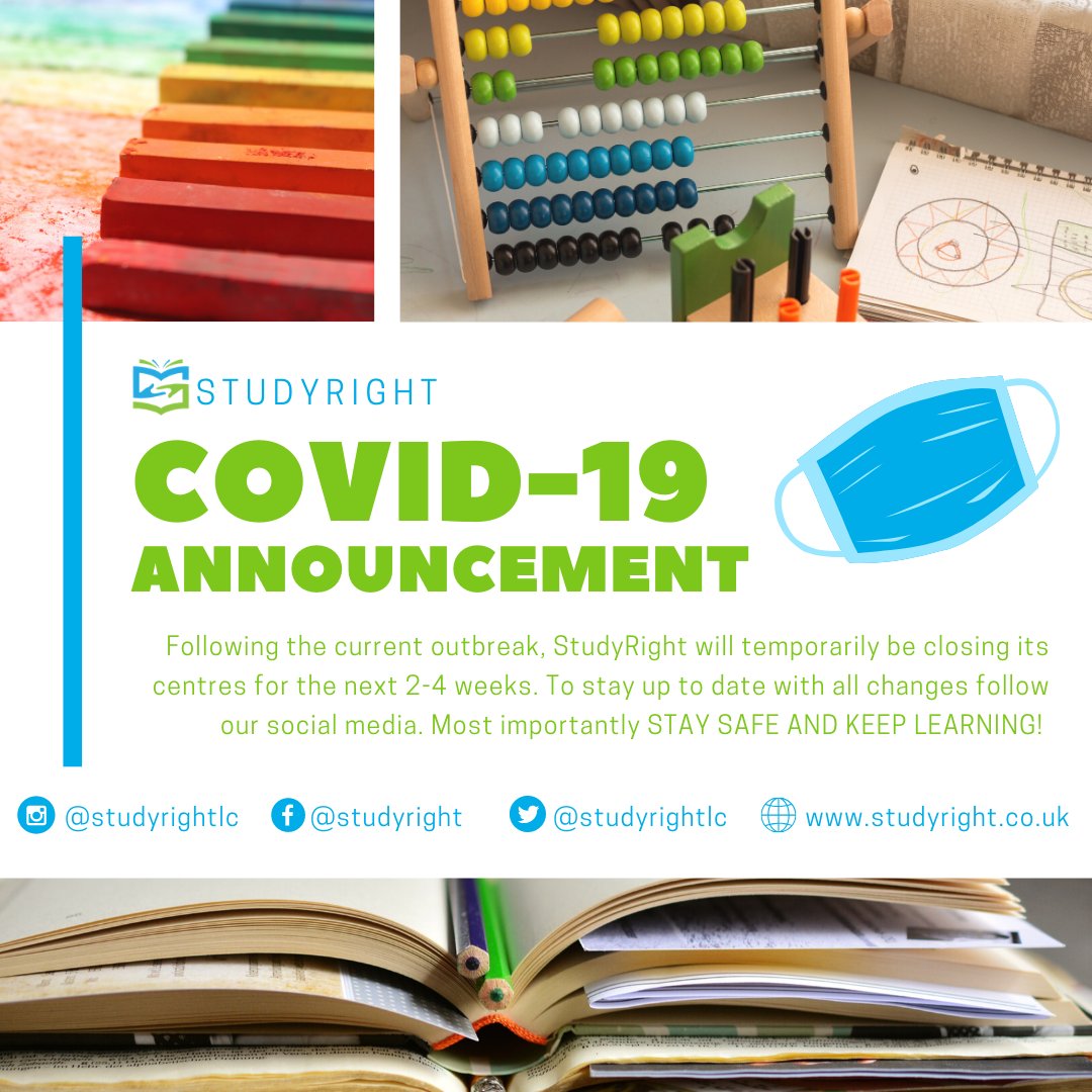 studyrightlc's tweet photo. StudyRight will be taking a temporary break from 20/03/20 for the next 2-4 weeks following the current pandemic. To receive up to date information follow our social media and if you have any questions feel free to message us. We hope you all stay safe and don’t stop learning. https://t.co/pgAyqIGX1C