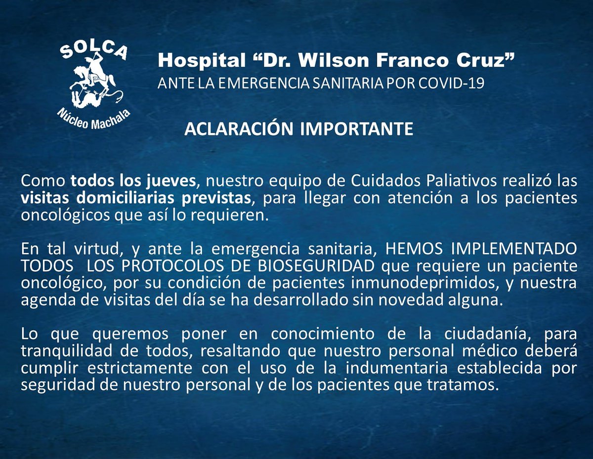 solcademachala's tweet photo. ACLARACIÓN IMPORTANTE
Ante rumores malintencionados que exponen la salud física y emocional de nuestros pacientes oncológicos. #Machala #SolcaMachala #TeCuida #EmergenciaSanitaria #COVID19Ecuador https://t.co/EJP3zxHAlf