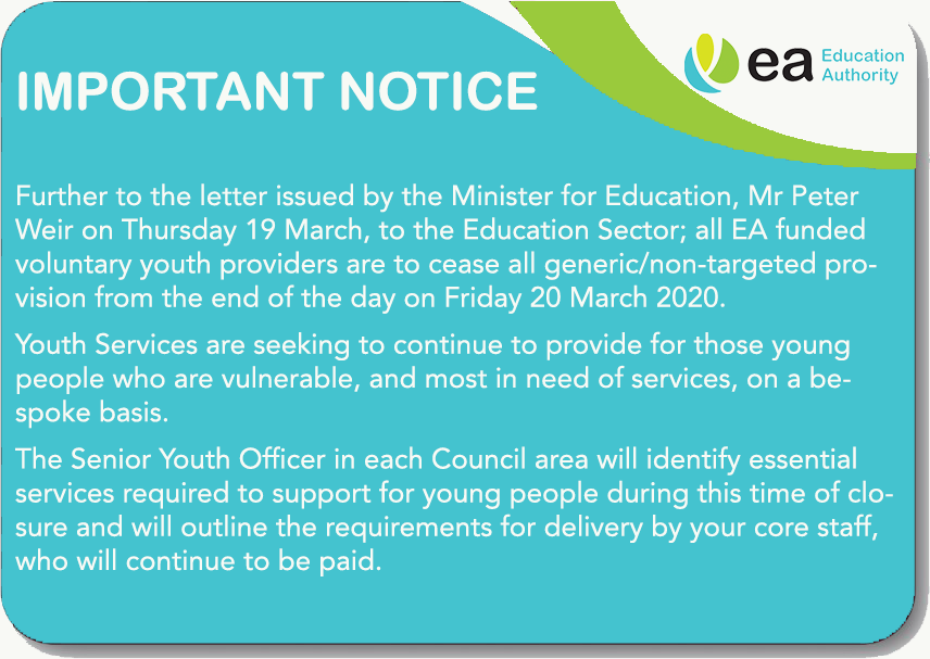 Please note in the attached image important notice regarding changes to the delivery of Youth Services as noted in letter issued by the Minster for Education today bit.ly/2xTc154