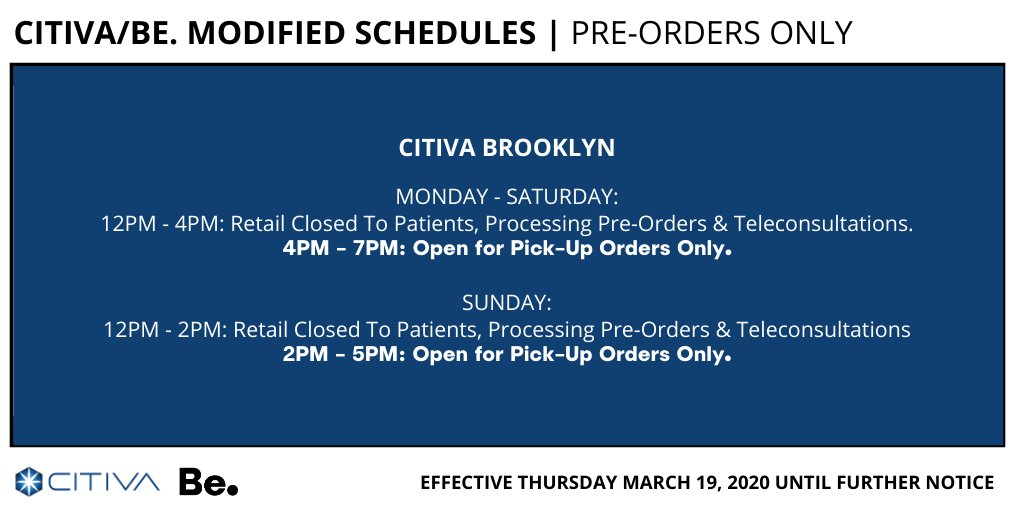During this time, we will be making adjustments to our daily operations. We encourage you to check our website often for updates at citiva.com/covid-19-updat…. Please see the following adjusted schedule for Citiva Brooklyn and check our website for additional updates.