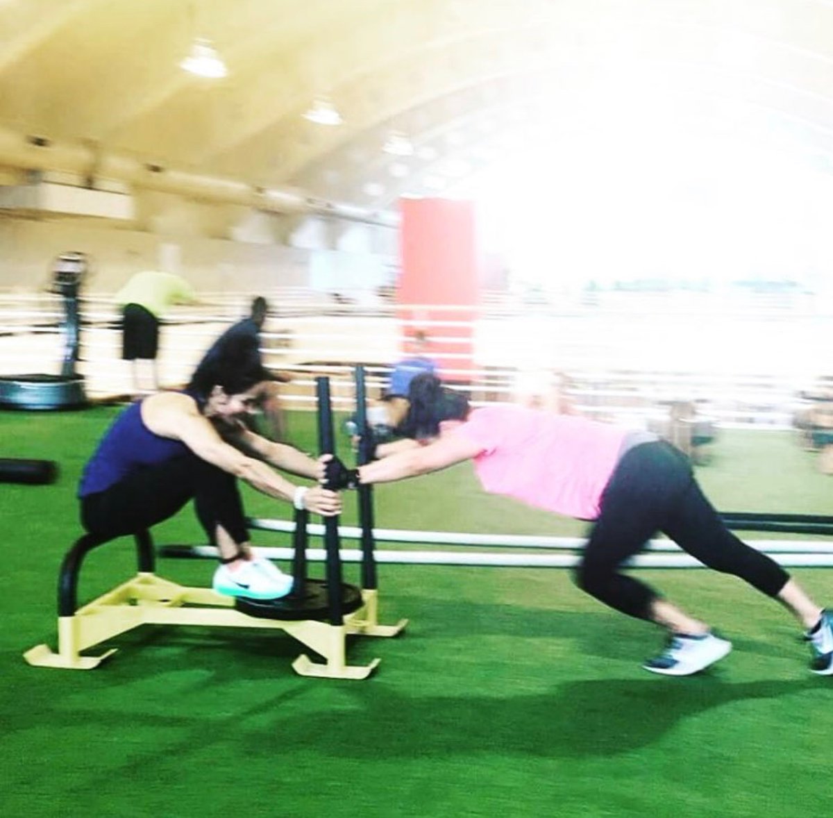 AdriaRun's tweet photo. 8 cycles of pushing a sled with a 45 lb plate and my trainer posted up on top.. oh and they were woven in between #tabata drills. #TBThursday #getit #ohletsdoit #goooooo #puuuush #nevergiveup https://t.co/cAsg2t35Sw