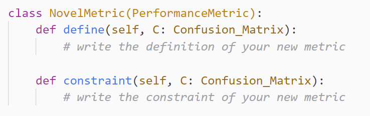rizalzaf's tweet photo. 7/ The framework also supports writing novel new metrics specifically targeted for new applications. Just augment the `define` and `constraint` methods to apply the framework to new problems. https://t.co/VipJiDY5dB