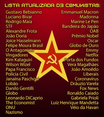 Ajudem-me aqui com um negócio. Se Bolsonaro e Olavo brigarem, qual dos dois vira o “comunista”? Só para eu saber na hora de atualizar a lista abaixo.