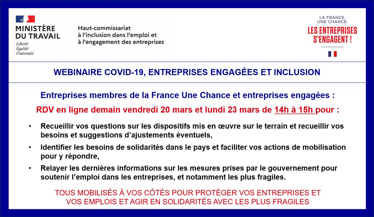 #COVID19 : Entreprises de La France Une Chance et entreprises engagées : RDV en ligne demain 14h pour un webinaire pour faire remonter vos problèmes et partager les mesures
Inscription ici : app.livestorm.co/itou/webinaire… …
<a href="/ThibautGuilluy/">Thibaut Guilluy</a> @Minist_Travail <a href="/LaurentKZ/">Laurent Kazmierczak</a> 
#inclusion