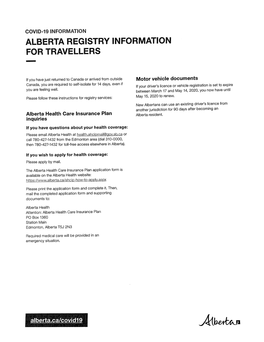 DraydenIns's tweet photo. Please see the attached Alberta Registry information for Travelers returning to Alberta. https://t.co/JtrlkQHtD7