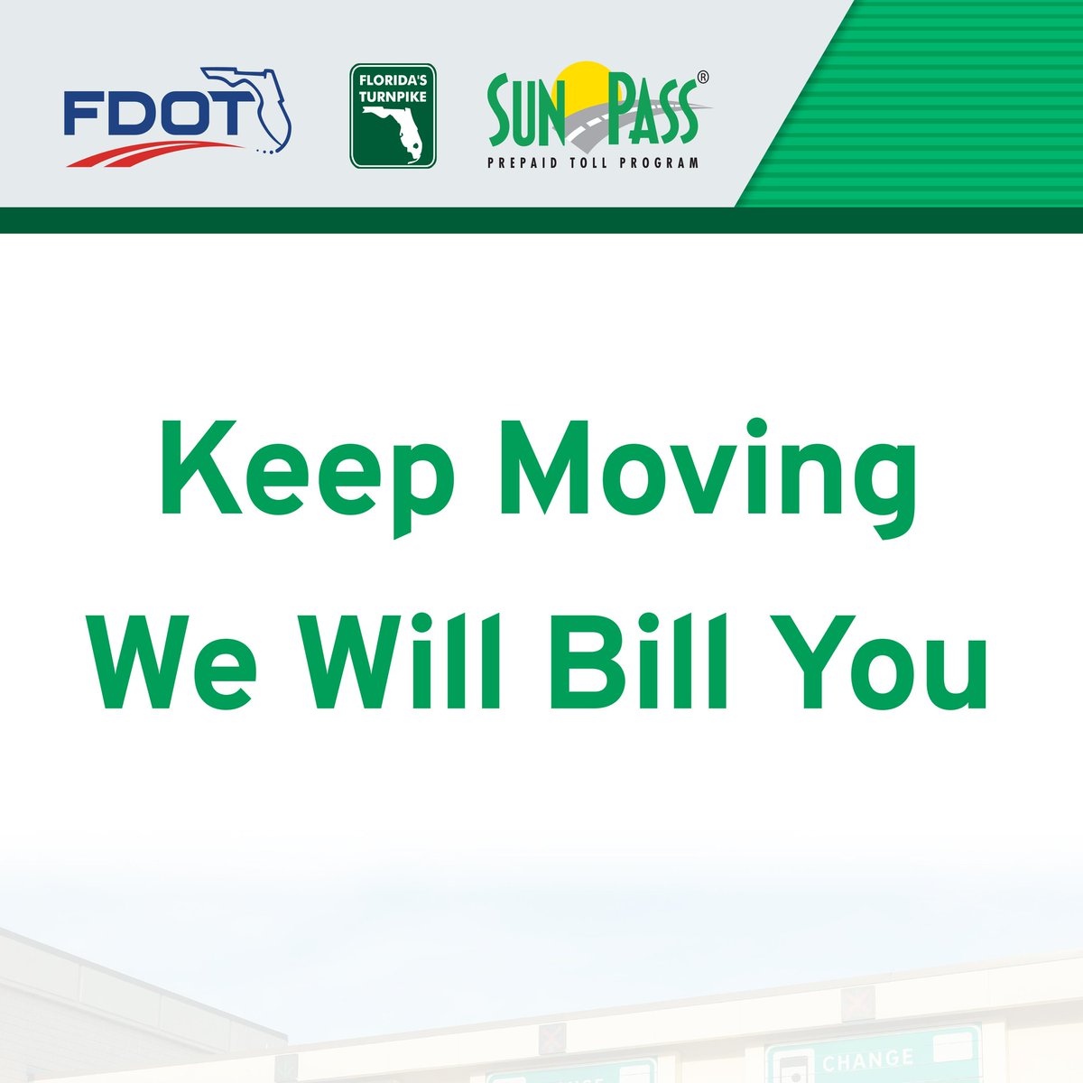 FloridaTurnpike's tweet photo. Florida's Turnpike is only collecting #tolls through @SunPass_FDOT or TOLL-BY-PLATE. When you come to a toll plaza, please drive through and DO NOT STOP. For more: https://t.co/kiFZeOnsAr https://t.co/6X4UW3d9LY