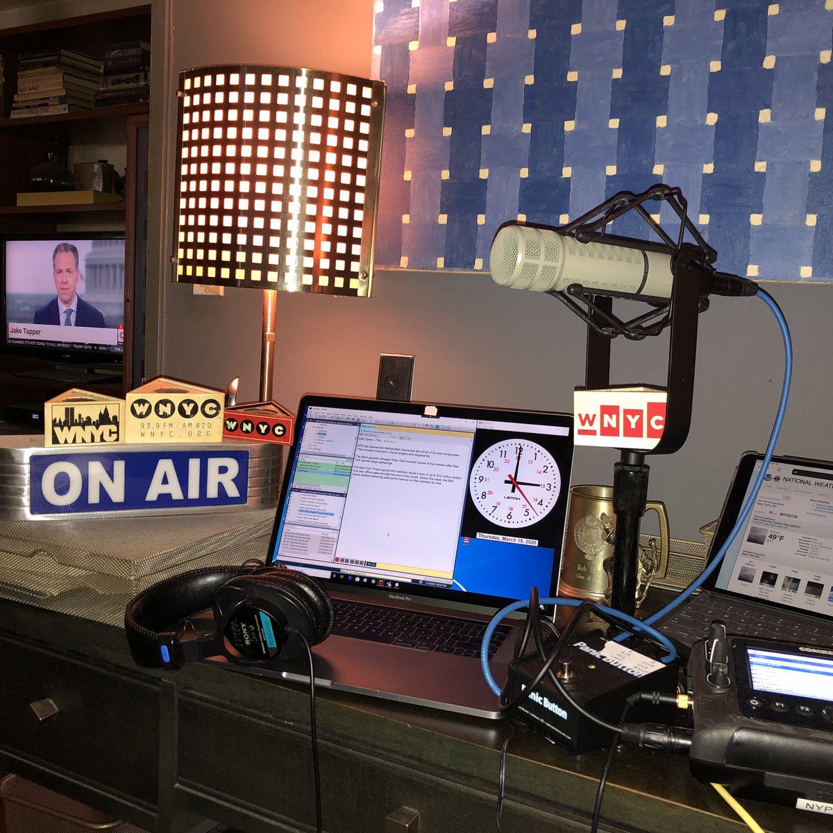 Ready to host <a href="/WNYC/">WNYC 🎙</a>’s <a href="/NPR/">NPR</a>’s Morning Edition from my “studio” one bedroom Manhattan apartment. In the lease I required a rider for an Art Deco on air light and vintage mic flags.