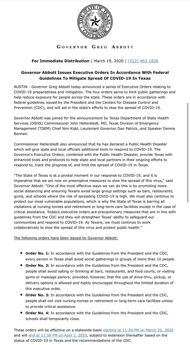 GovAbbottPress's tweet photo. In accordance with @CDCgov guidelines, four executive orders were issued today to limit public gatherings and help reduce exposure for Texans. Texas is at a pivotal moment in our response to #COVID19; it is important we act now. https://t.co/mCxTIkctRD