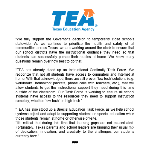 teainfo's tweet photo. Statement from Texas Education Commissioner Mike Morath on the temporary statewide closure of schools #txed https://t.co/0aSvAjfCF3