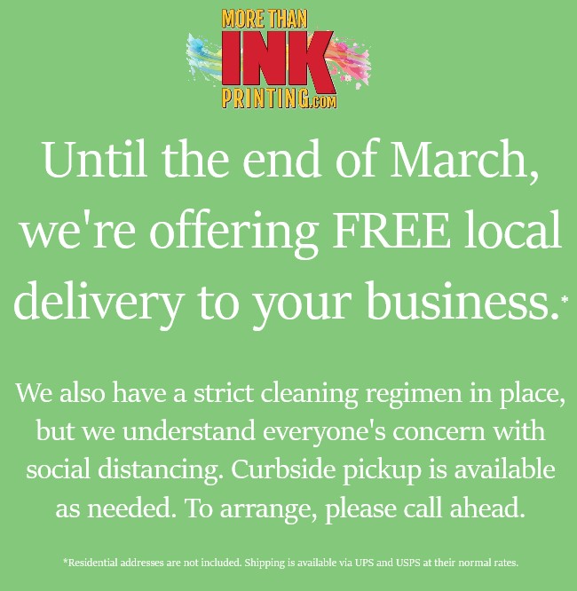 MTI_Printing's tweet photo. No worries - we're open and operating our normal hours M-F, 8AM-5PM with strict cleaning schedules in place. And through our personal courier, we're offering free local delivery to commercial addresses this month and curbside service. #SupportLocal https://t.co/plFLXQ9N2c