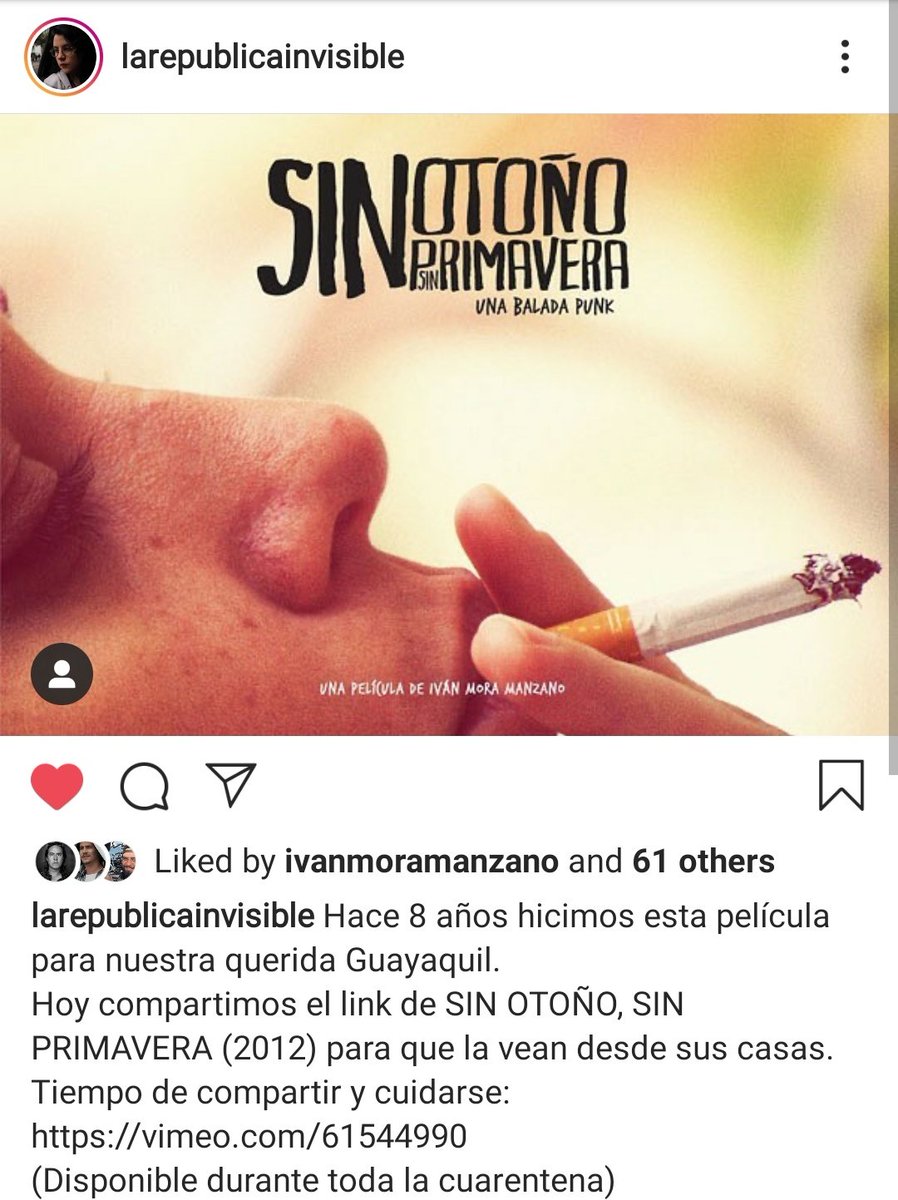 NataCassette's tweet photo. #RT YA PUEDES VER ONLINE #SinOtoñoSinPrimavera!!!
La #RepublicaInvisible ha liberado la peli en https://t.co/K2Kzrfpaiw para que la puedan ver durante #CuarentenaNacional así que disfruten del cine ecuatoriano desde la visión de Iván Mora y quédense en casa ❤ https://t.co/t0POYqEGnd