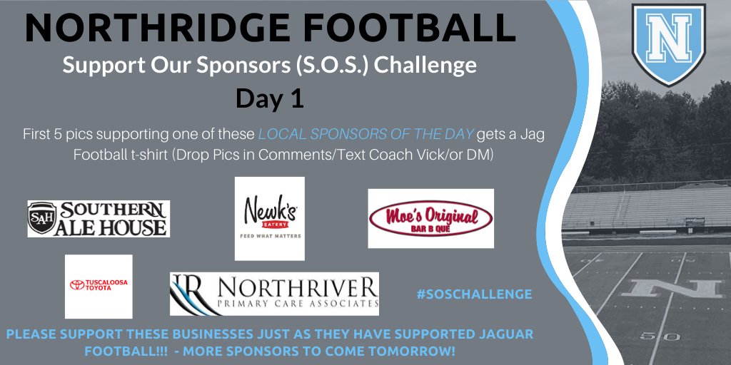 NorthridgeFootball (@nhsjagfootball) on Twitter photo It's late but we are starting a daily challenge to support our sponsors in this tough time. Comment/Text/or DM Pics. First 5 we receive will get some Jaguar Gear! Pics will be retweeted! #soschallenge <a href="/NHSJagAthletics/">Northridge Athletics</a> <a href="/Coach_MikeVick/">Mike Vickery</a> <a href="/NHS_theRidge/">Northridge HS</a> It's late but we are starting a daily challenge to support our sponsors in this tough time. Comment/Text/or DM Pics. First 5 we receive will get some Jaguar Gear! Pics will be retweeted! #soschallenge <a href="/NHSJagAthletics/">Northridge Athletics</a> <a href="/Coach_MikeVick/">Mike Vickery</a> <a href="/NHS_theRidge/">Northridge HS</a>