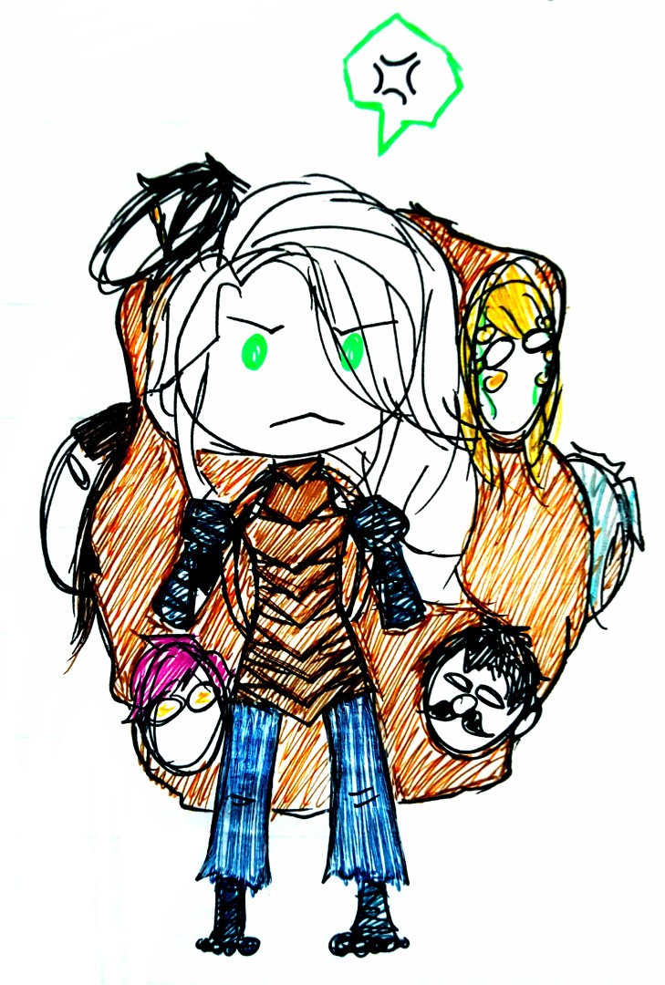 Crown_of_Ink's tweet image. Another of my #NonbinaryCharacters 
Danny! A femme-flavored agender mech pilot who rips the souls off the dead &amp;amp; wears them as masks

Complete gremlin, Chaotic Sarcastic, catastrophic ace. She/her but very Not a Girl

(from my supernatural monsterpocalypse mech story, Amotional)