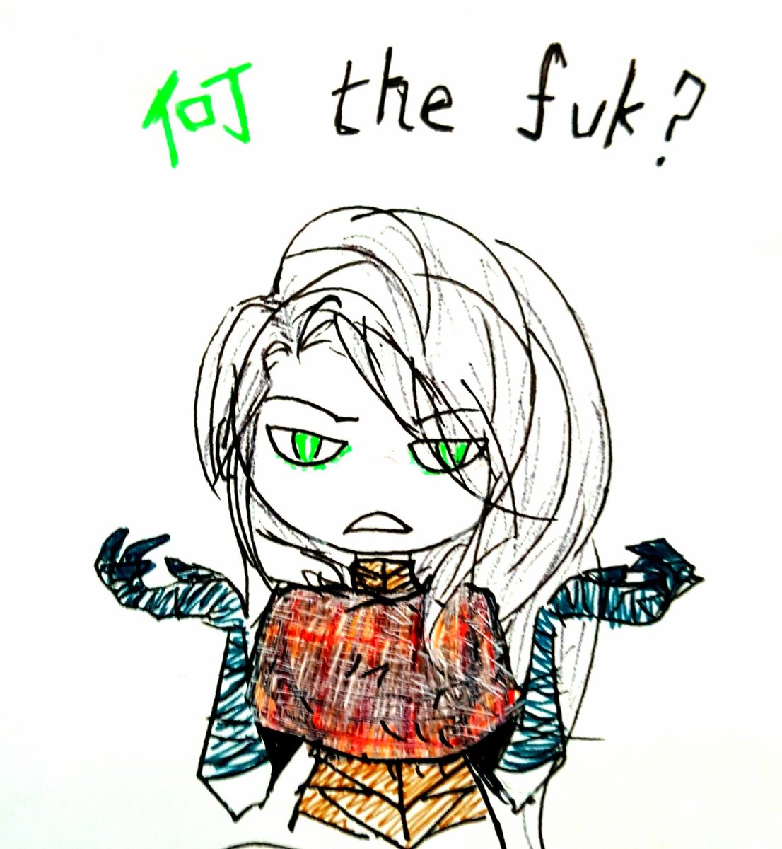 Crown_of_Ink's tweet image. Another of my #NonbinaryCharacters 
Danny! A femme-flavored agender mech pilot who rips the souls off the dead &amp;amp; wears them as masks

Complete gremlin, Chaotic Sarcastic, catastrophic ace. She/her but very Not a Girl

(from my supernatural monsterpocalypse mech story, Amotional)