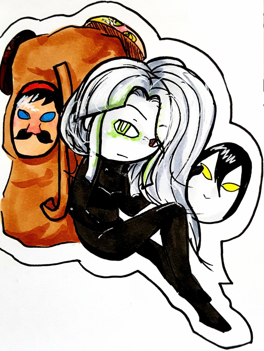 Crown_of_Ink's tweet image. Another of my #NonbinaryCharacters 
Danny! A femme-flavored agender mech pilot who rips the souls off the dead &amp;amp; wears them as masks

Complete gremlin, Chaotic Sarcastic, catastrophic ace. She/her but very Not a Girl

(from my supernatural monsterpocalypse mech story, Amotional)