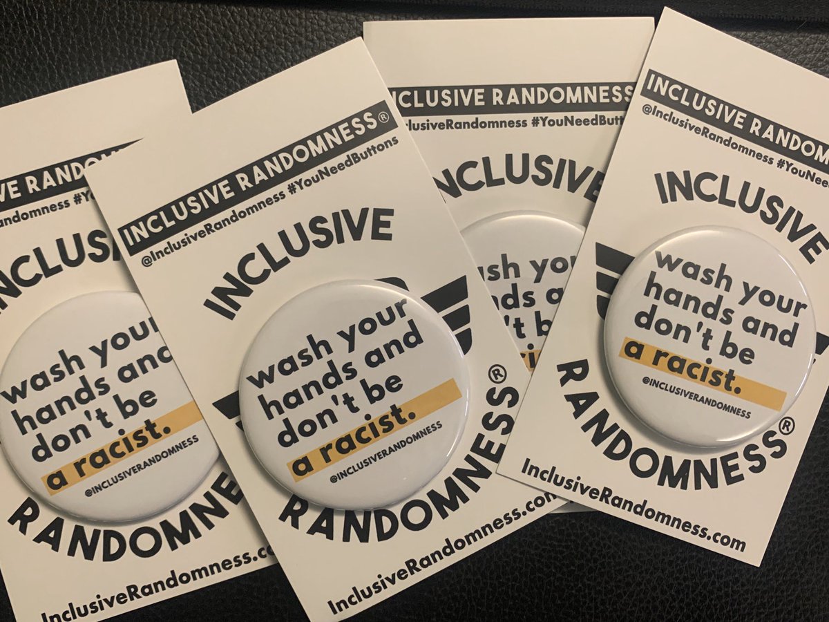 bailabomba's tweet photo. They’re here!! Our awesome buttons from #InclusiveRandomness @YouNeedButtons!! Needed now more than ever since the Megalomaniac-With-An-Inferiority-Complex in chief has decided to roll out his best bigot in show moves. https://t.co/GdCC2dlCPD