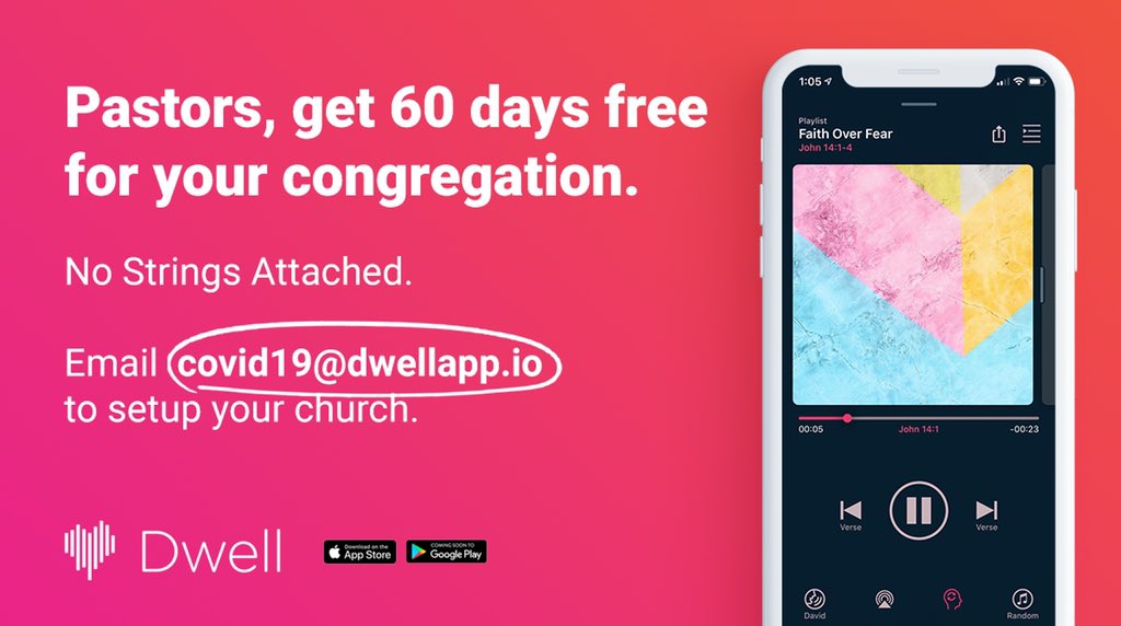 We've decided to provide churches free 60-day access to Dwell's church account subscription. That means every member of a congregation can get Dwell free for the next 60 days. No strings attached. No credit cards.
If you're a pastor/staff at a church, email covid19@dwellapp.io