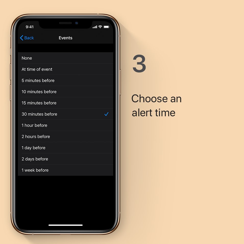AppleSupport's tweet photo. How do you stay so organized? 💁🏻‍♀️

Here’s how to set default alerts for different event types in Calendar. So you’ll be reminded right on time. https://t.co/9xglqraWjW