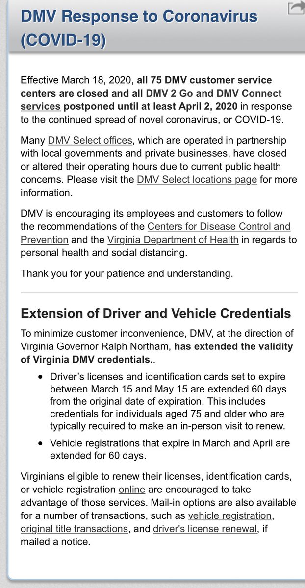MPDASHIFT's tweet image. Just want you all to be aware! This is directly from Virginia DMVs website. #PSA the DMV has issued an extension on Driver and Vehicle credentials. Please read how it applies.