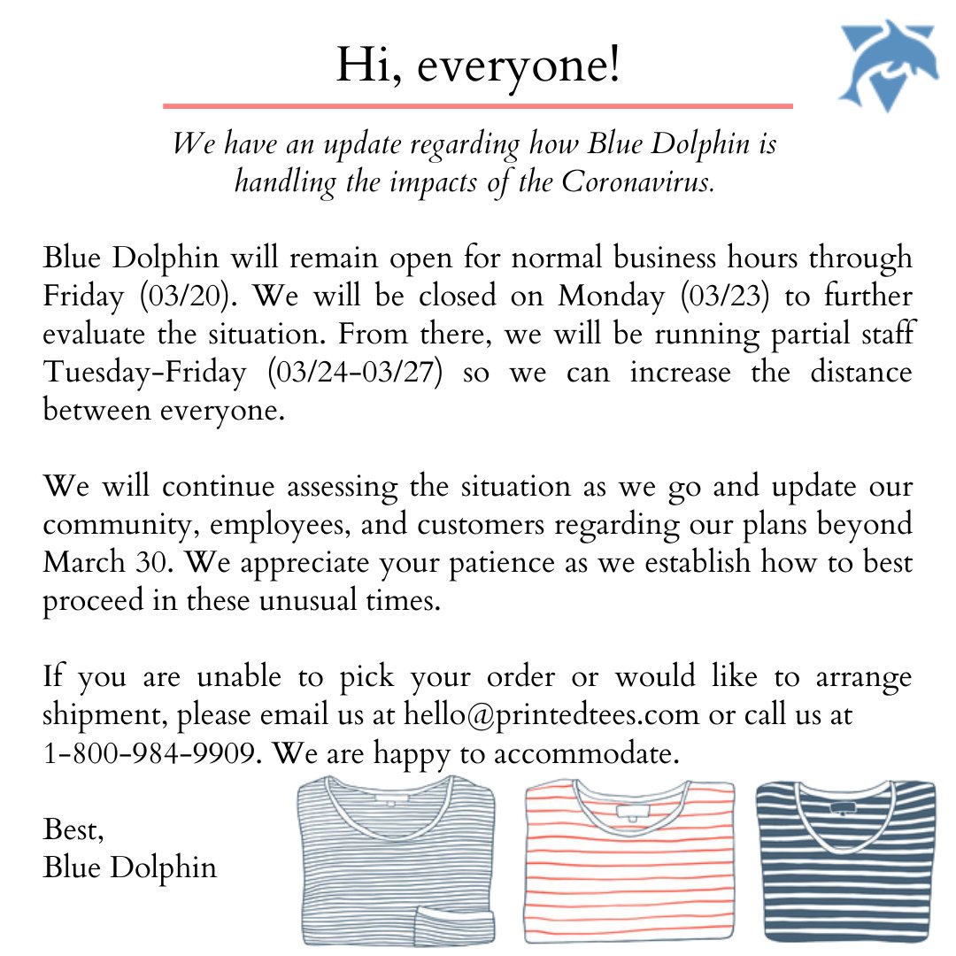 BlueDolphinTees's tweet photo. The latest update from Blue Dolphin regarding COVID-19 🐬#YourPrintedTees https://t.co/Kpp35xhVdz