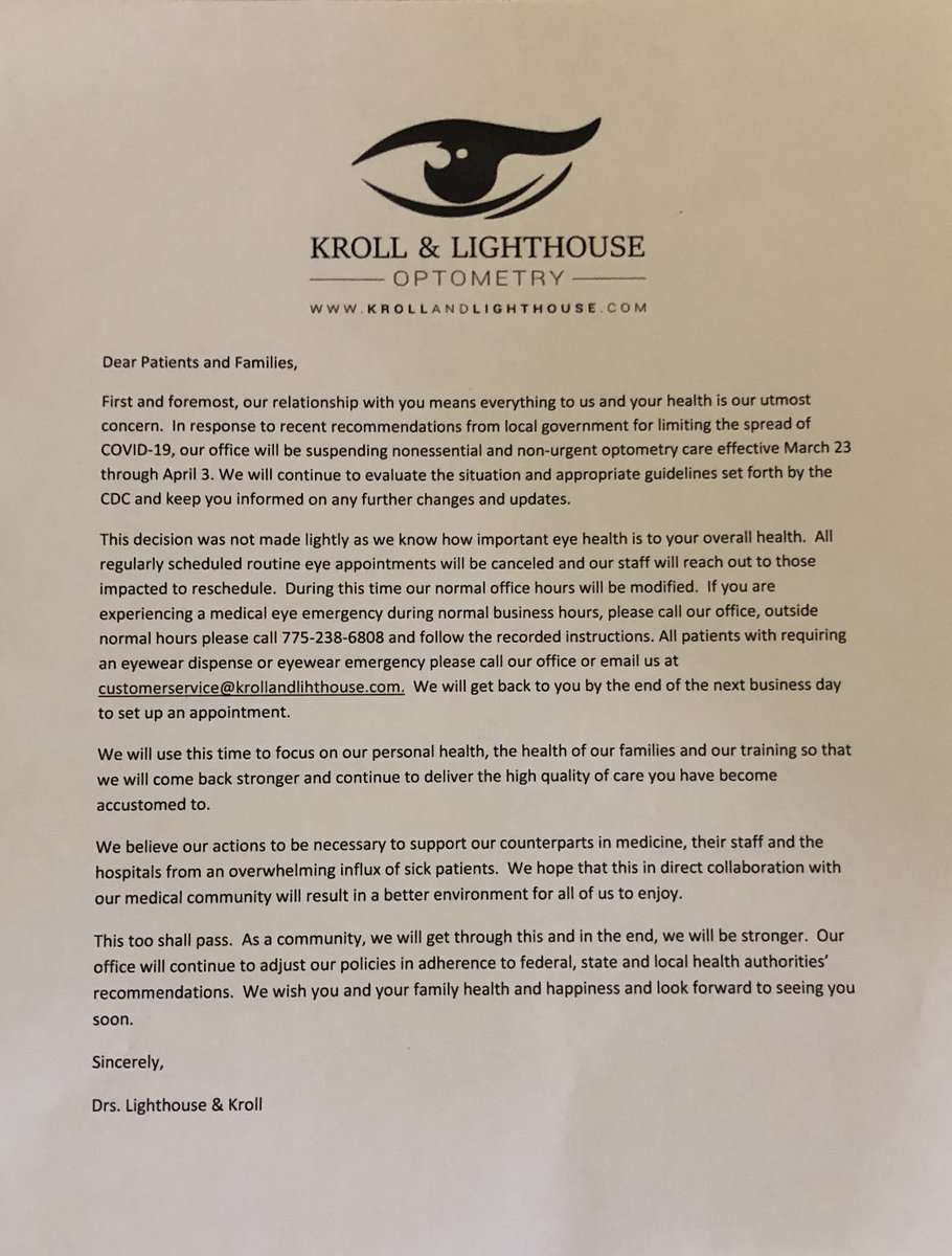 RenoOptometry's tweet image. Important notice regarding COVID-19, please read.