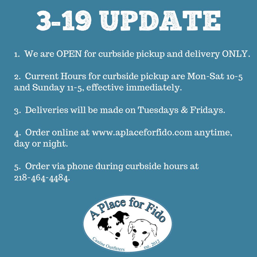 aplaceforfido's tweet photo. Ok, Folks, we have been told that we are not allowed to be in Fitger's after 5pm daily. So, this means that we are transitioning to CURBSIDE PICKUP AND DELIVERY ONLY, until further notice.  We are so sorry for this inconvenience, but we will continue to serve you as best we can. https://t.co/XNWGDenulU