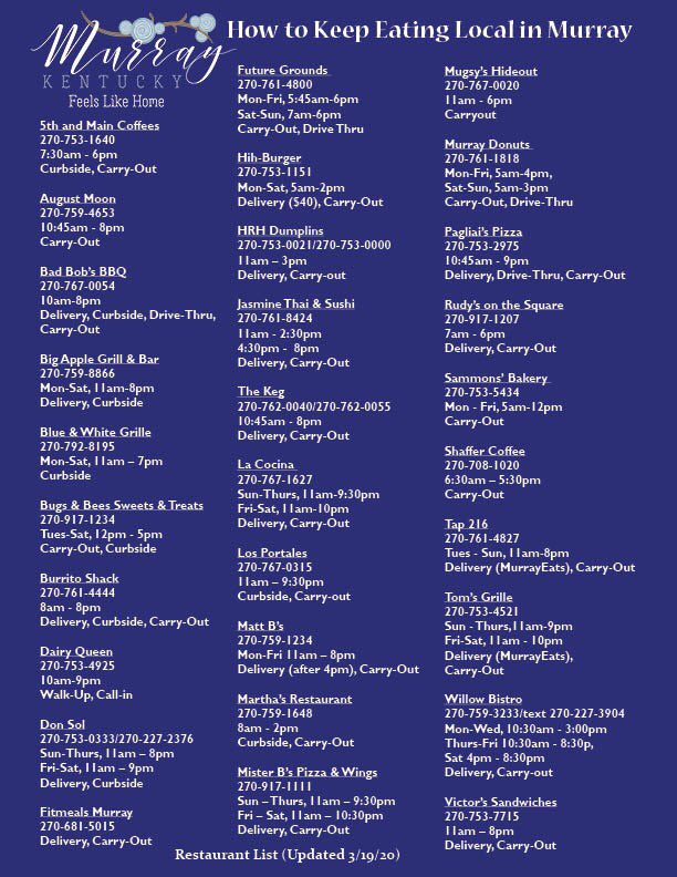 MurrayKentucky's tweet image. Murray, KY residents and visitors, it is important now more than ever to support our local establishments! Below is a compiled list of local restaurants that are currently open and ready to serve their patrons. We WILL get through this together! #MurrayKY #TogetherKY #KYTourism