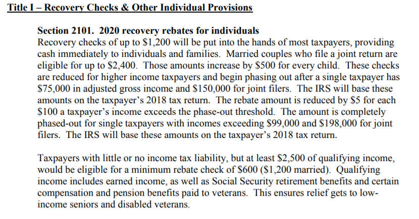 GOP bill on immediate checks: -- $1,200 per person ($2,400 if filing jointly) -- $500 per kid -- Begins to phase out above $75K -- Phases out completely above $99K -- Much smaller benefit, of $600, for millions w/o federal tax liability