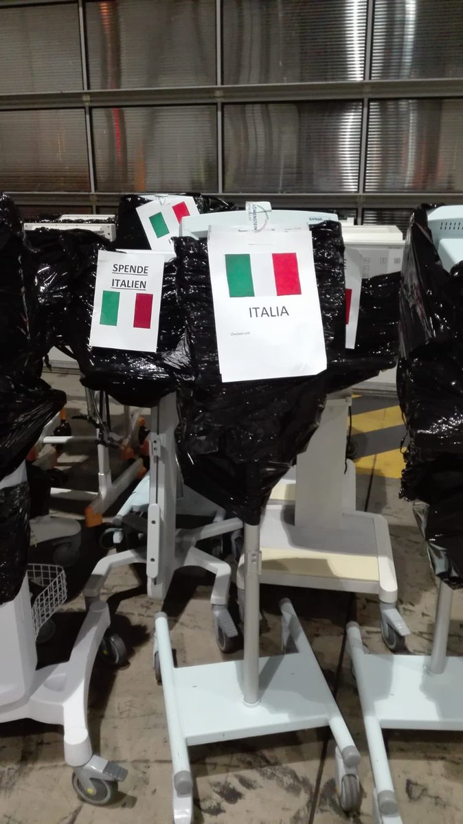 #Covid19:
circa 7 tonnellate di attrezzature per assistenza respiratoria, apparati supporto e materiale sanitario proveniente da Colonia e destinati agli ospedali italiani più colpiti dal #coronavirus sono stati portati in 🇮🇹 
oggi con 1 KC-767 e 1 C130J dell’#AeronauticaMilitare