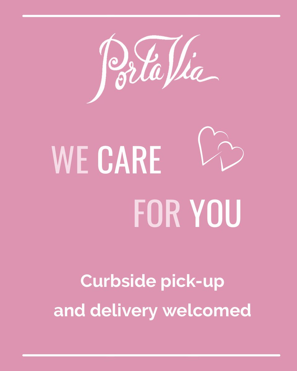 We continue to stay open during these difficult times. 💕⁠
⁠
Porta Via staff will deliver to your doorstep or you may order though Postmates and Uber Eats. ⁠
⁠
We also have grocery items available, including produce, milk, eggs, wine, 🍷, liquor, toilet paper and more 😊⁠