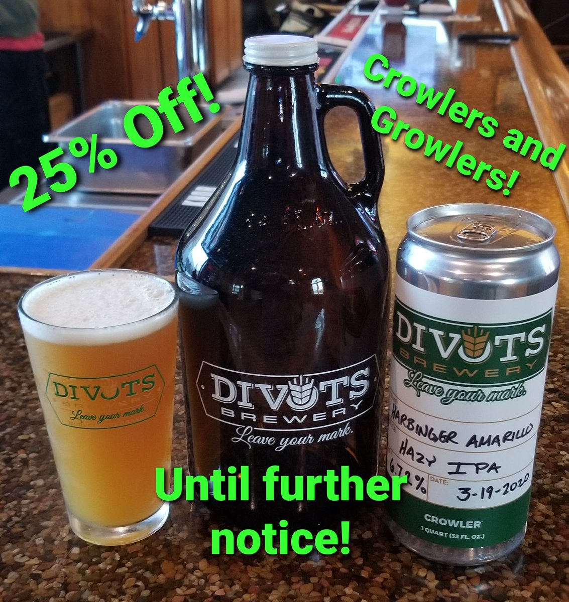 Divots_Brewing's tweet photo. Divots Brewery is here for you in your trying times! Stop in and pick up some Divots crowlers and growlers at 25% off until further notice! Do the right thing and stay home with some Divots beer and do some day drinking! https://t.co/tLFbJTdnHa