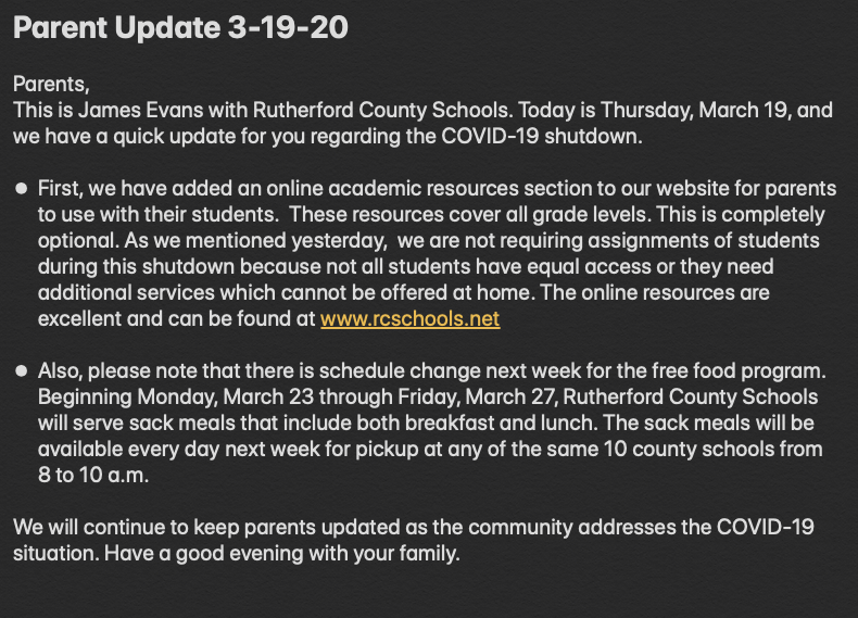rucoschools's tweet photo. Parents, 
Please check out today’s update for information about a new online academic resource section for parents and students; and also please be aware of a schedule change next week for the free food program. See full message attached. https://t.co/vV9BOa0hmq