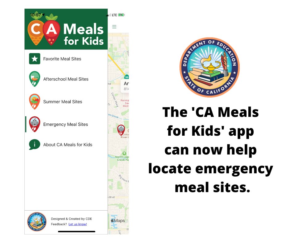 CADeptEd's tweet image. The “CA Meals for Kids” mobile app has been updated to help students and families find meals during COVID-19-related emergency school closures. It's available through Apple, Android, or Microsoft mobile devices.

Download it here: cde.ca.gov/re/mo/cameals.…

🍎🥪🥛@CDENutrition