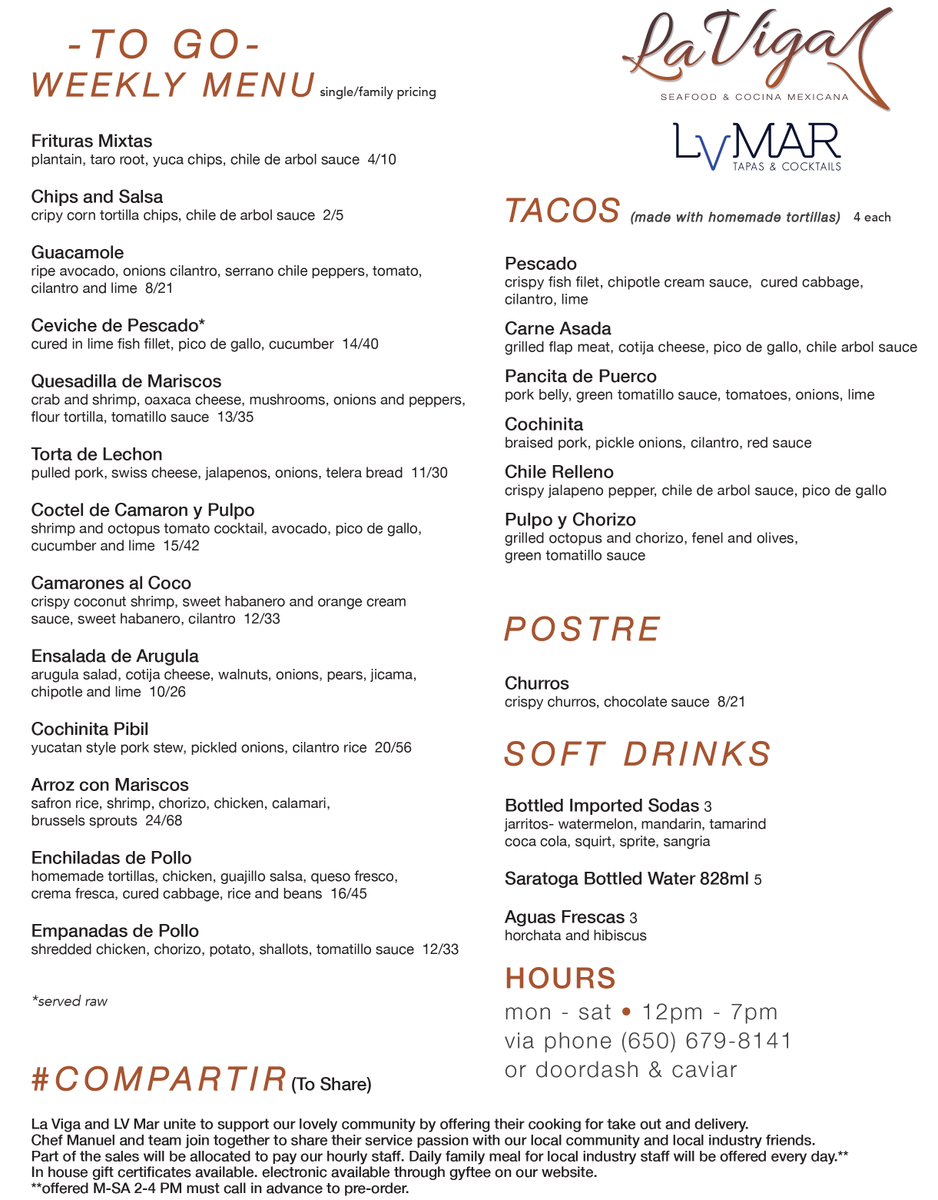 We've got <a href="/lavigaseafood/">La Viga Seafood</a> in <a href="/RedwoodCity/">City of Redwood City</a> back open for to-go &amp; delivery orders. Owner/Executive Chef Manuel and his right hand man Everardo are in the kitchen. Work in the Bay Area industry and out of work? Hit me up so we can get you fed, on us. Cocktails to-go coming soon!