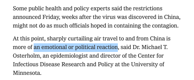 Took a break to read back and see how the media covered Trump's 1/31 announcement barring entry into the U.S. from China and HOO BOY...Many in the scientific community beclowned themselves because their hatred for Trump blinded them—and does to this day.