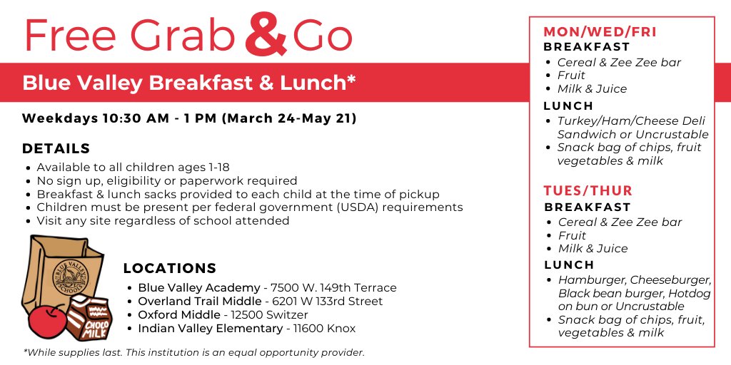 While school buildings in KS are closed, school breakfasts &amp; lunches are still available. Starting 3/24, BV will offer free grab-&amp;-go breakfast &amp; lunch, weekdays 10:30am-1pm at 4 district locations. Staff will deliver meals straight to your car. Info at bluevalleyk12.org/grabandgo