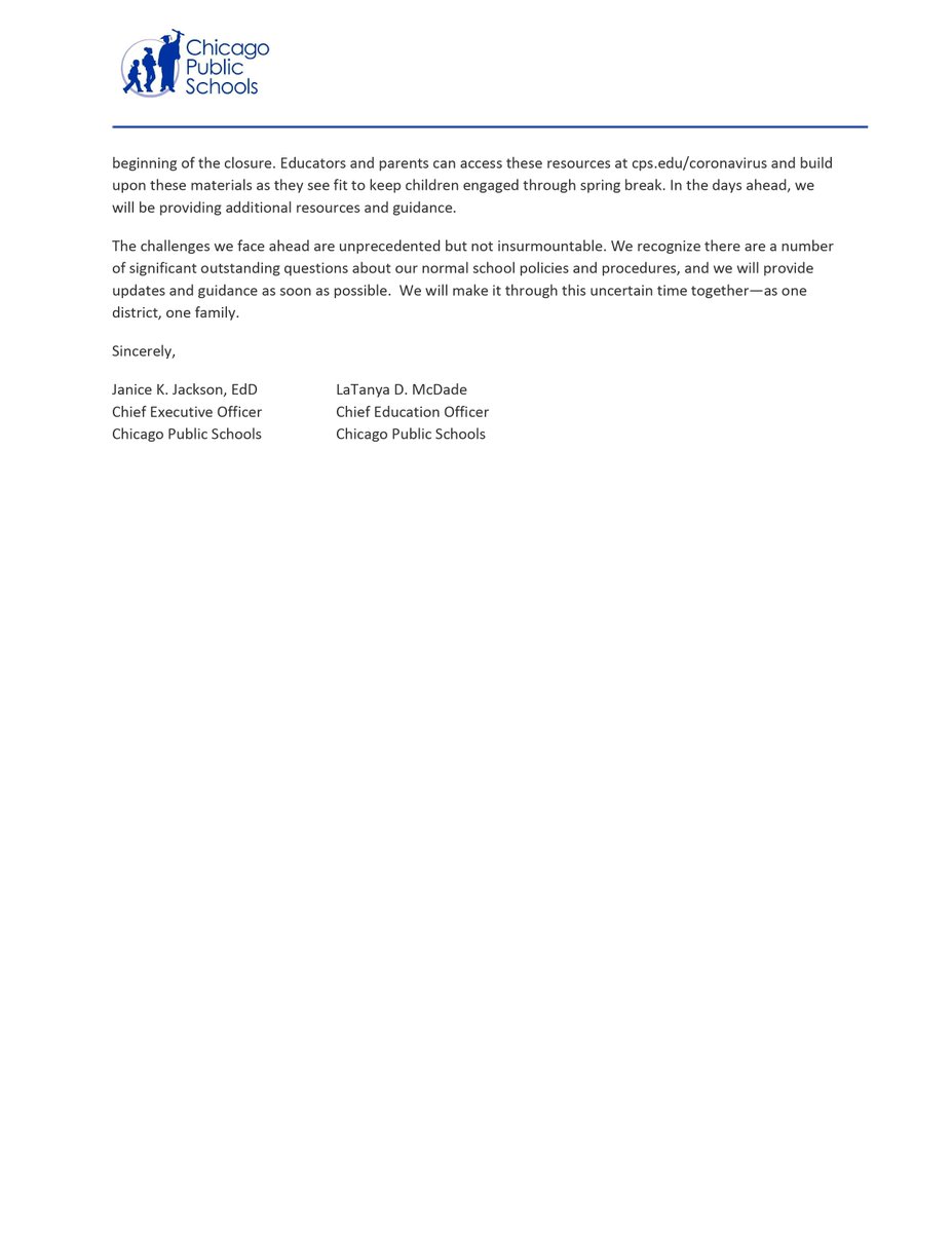 ChiPubSchools's tweet image. At the direction of @ChiPublicHealth, @chicagosmayor and @janicejackson announced today that CPS schools will remain closed through Monday, April 20 to mitigate the spread of #COVID19.
