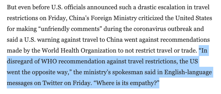 Holy crap—flashback to  @wapo quoting the Chinese FM slamming the Trump administration's 1/31 travel ban AND noting that WHO (still operating under Chinese disinformation about  #COVID19) was against Trump's move to stop entry into the US from China.