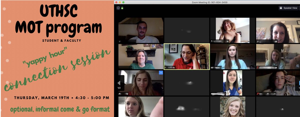 Thanks to Dr. Stephanie Lancaster for organizing the UTHSC MOT Program "Yappy Hour" that was held this afternoon vis Zoom. It was so nice seeing all of your smiling faces and catching up!