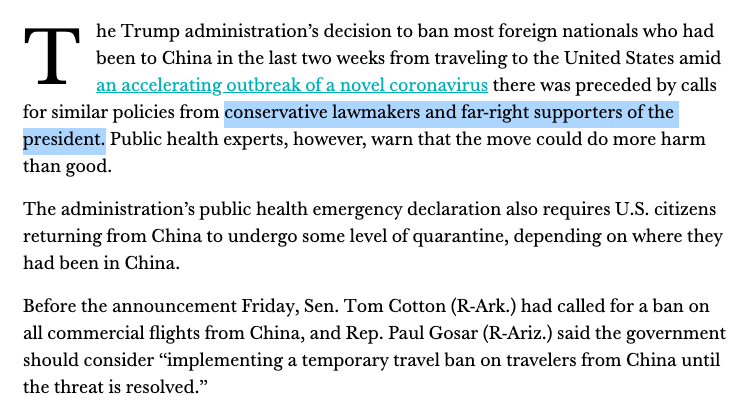 You. Guys.The travel ban to China was driven by“conservative lawmakers and far-right supporters of the president. Public health experts, however, warn that the move could do more harm than good.”