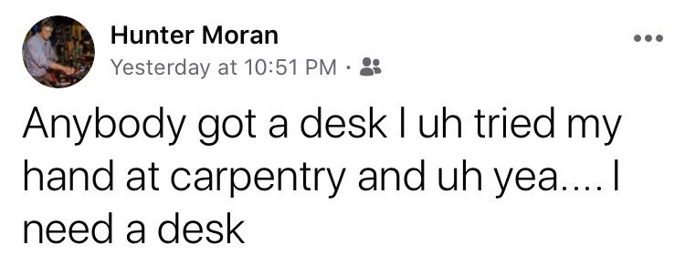 audgeee23's tweet photo. I just read my favorite Facebook post of 2020 so far... Also, someone get this man a desk! https://t.co/U6cYIbySMU