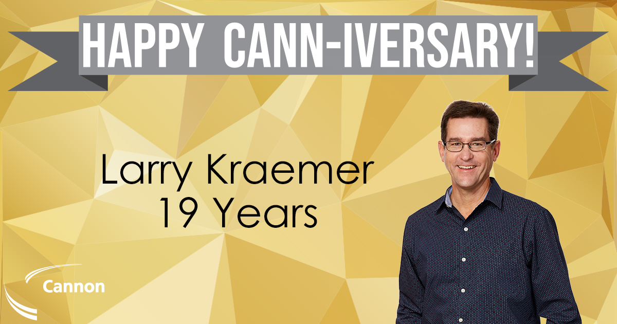 CannonCorp's tweet photo. Congratulations, Larry Kraemer, on 19 years at Cannon. Happy Cann-iversary! #Canniversary #Celebration #WorkAnniversary #teamwork https://t.co/KwjKgKVi6x