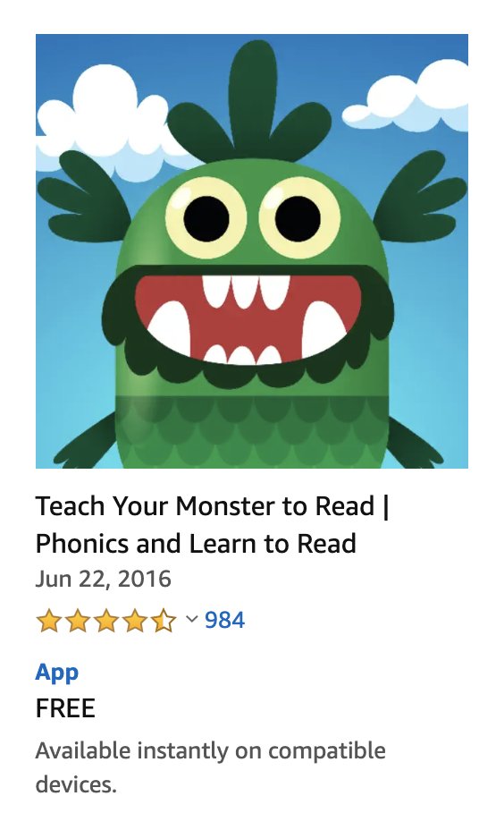 KNGSuperStars's tweet photo. Parents, the Teach Your Monster to Read app is available for FREE today, March 19, on Amazon: https://t.co/lkm1AIP3bC https://t.co/NRP9jC4cW3