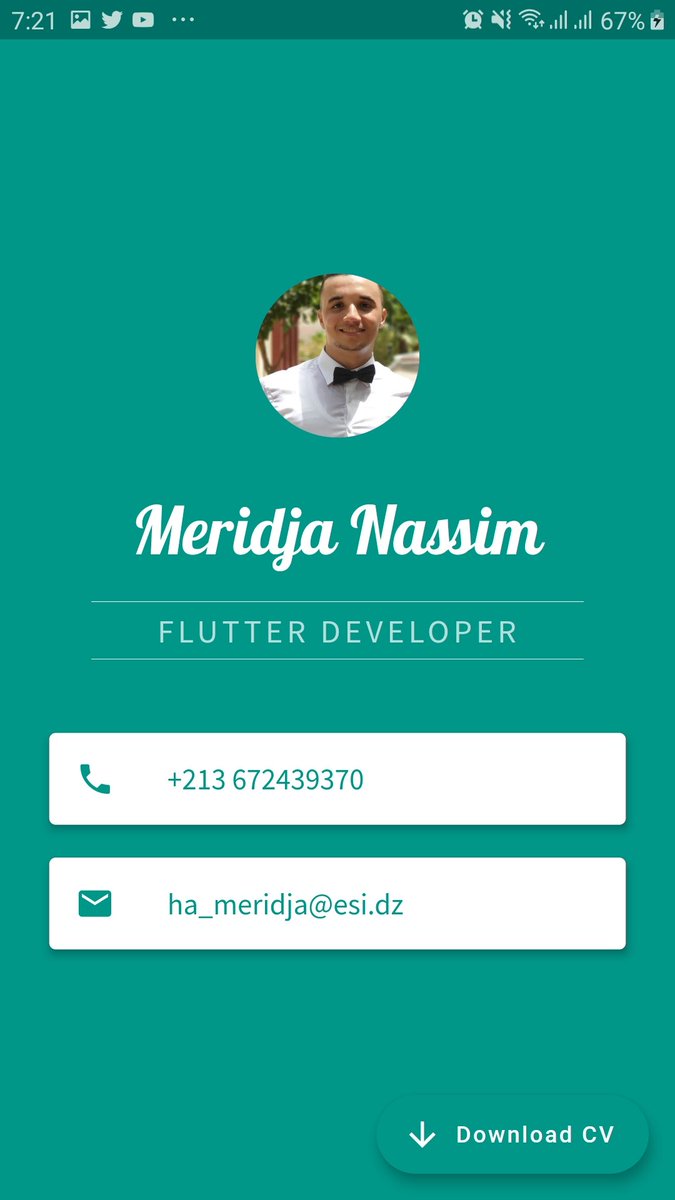 abdllahnassim's tweet image. Day 03 : Managed to review flutter basics and get comfortable with the different widgets that exist and built this small resume app 😊 i&apos;ll tackle more advanced topics tommorow. #100DaysOfCode #StayHomeAndCode #FlutterIsAwesome