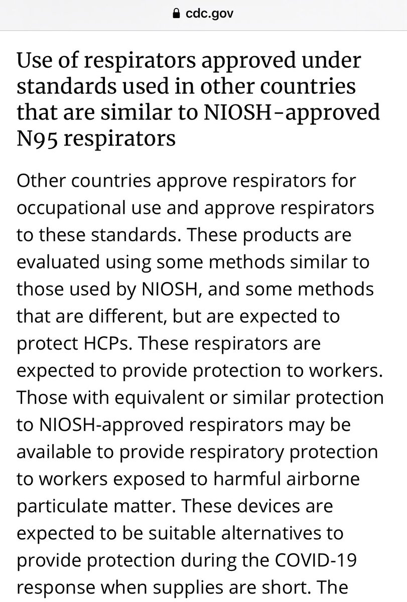 “These devices are expected to be suitable alternatives to provide protection during the COVID-19 response when supplies are short.”THIS. We severely limit our options when sticking to N95 NIOSH only masks at a time of emergency.  https://www.cdc.gov/coronavirus/2019-ncov/hcp/respirators-strategy/crisis-alternate-strategies.html