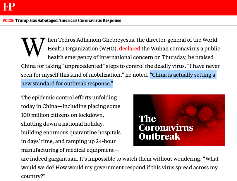 All of this PALES in comparison to Laurie Garrett in  @ForeignPolicy lavishing praise on the Chinese for their response while viciously admonishing the Trump administration for going against WHO recs—calling the travel ban an “improvisation”I bet the CCP won't be banning Laurie!