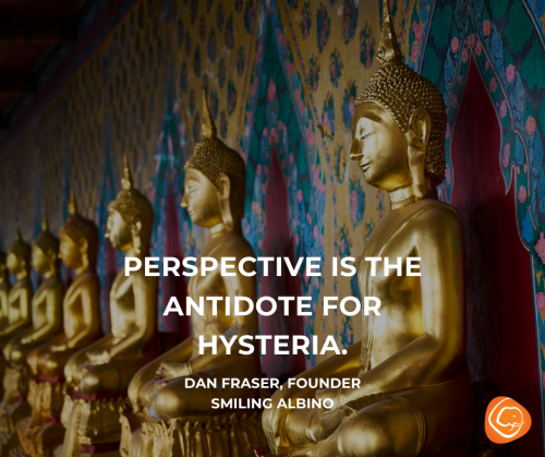 smilingalbino's tweet photo. “Perspective is the antidote to hysteria.” -Dan Fraser, Smiling Albino Founder &amp; Chief Mahout

https://t.co/r83gKrPeBv

#smilingalbino #teamsmilingalbino #strongerthancorona #covid19 #postponedontcancel https://t.co/8jJEkRnbFk